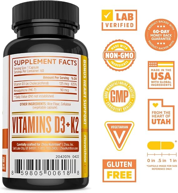 Zhou D3+K2 Supplement - 60 Veggie Capsules (Pack of 1)