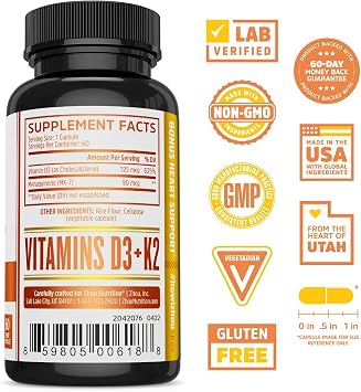 Zhou D3+K2 Supplement - 60 Veggie Capsules (Pack of 1)