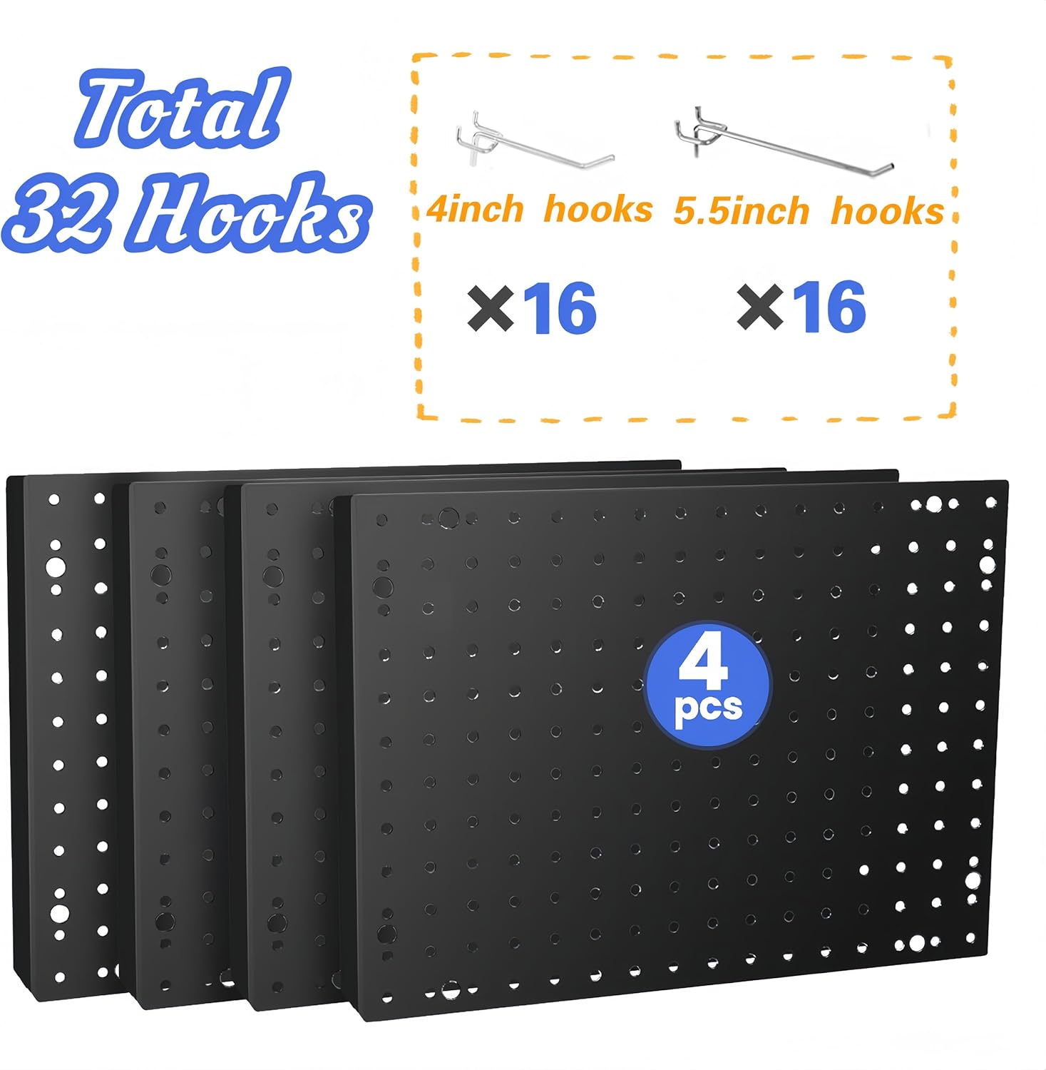 Heavy Duty 4 Panel Metal Peg Board with 32 Sturdy Hooks, Wall Pegs for Garage Organization, Garden Tools, Peg Board Organizer Accessories(Black,32" X 24")