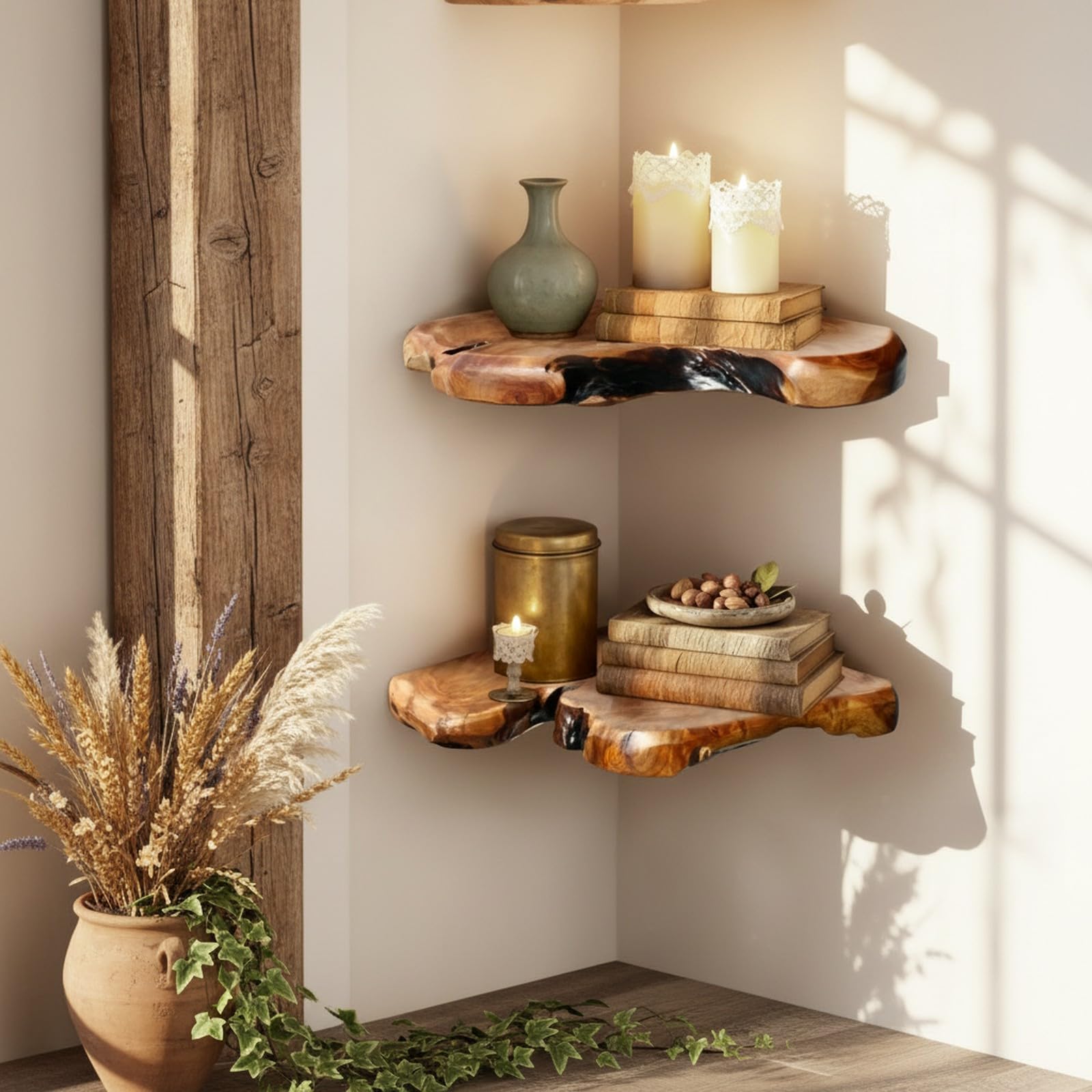 WELLAND Live Edge Cedar Corner Shelves - Floating Wall Decor -4