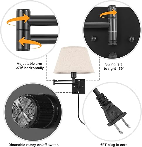 Miniatura 4 de TRLIFE Aplique de pared regulable enchufable, juego de dos lámparas de pared con brazo oscilante con cable de enchufe e interruptor giratorio de