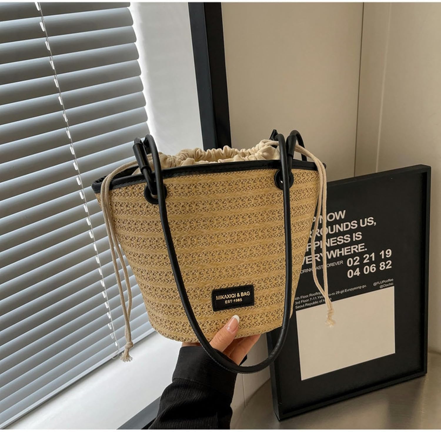 Strohtasche, große handgefertigte Stroh-Geldbörsen für Damen, Stroh-Hobo-Tasche, gewebte Umhängetasche, große Tragetaschen, Sommer-Reise-Strand-Handtasche, Schwarz, Braun, A