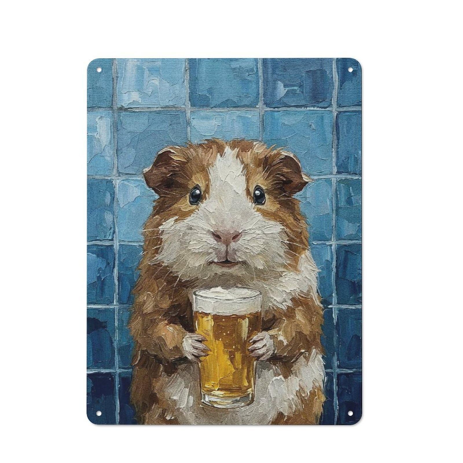 Junmoney Style-3 Guinea Pig With Beer Painting Retro Metal Sign 40X30cm, Distressed Look Retro Room Decor For Living Room, Hallway, Kitchen Or Cafe