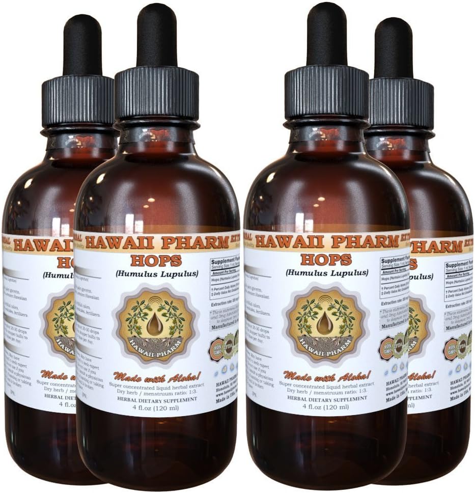 Hawaii Pharm Hops Liquid Extract, Hops (Humulus Lupulus) Tincture Supplement 4x4 oz