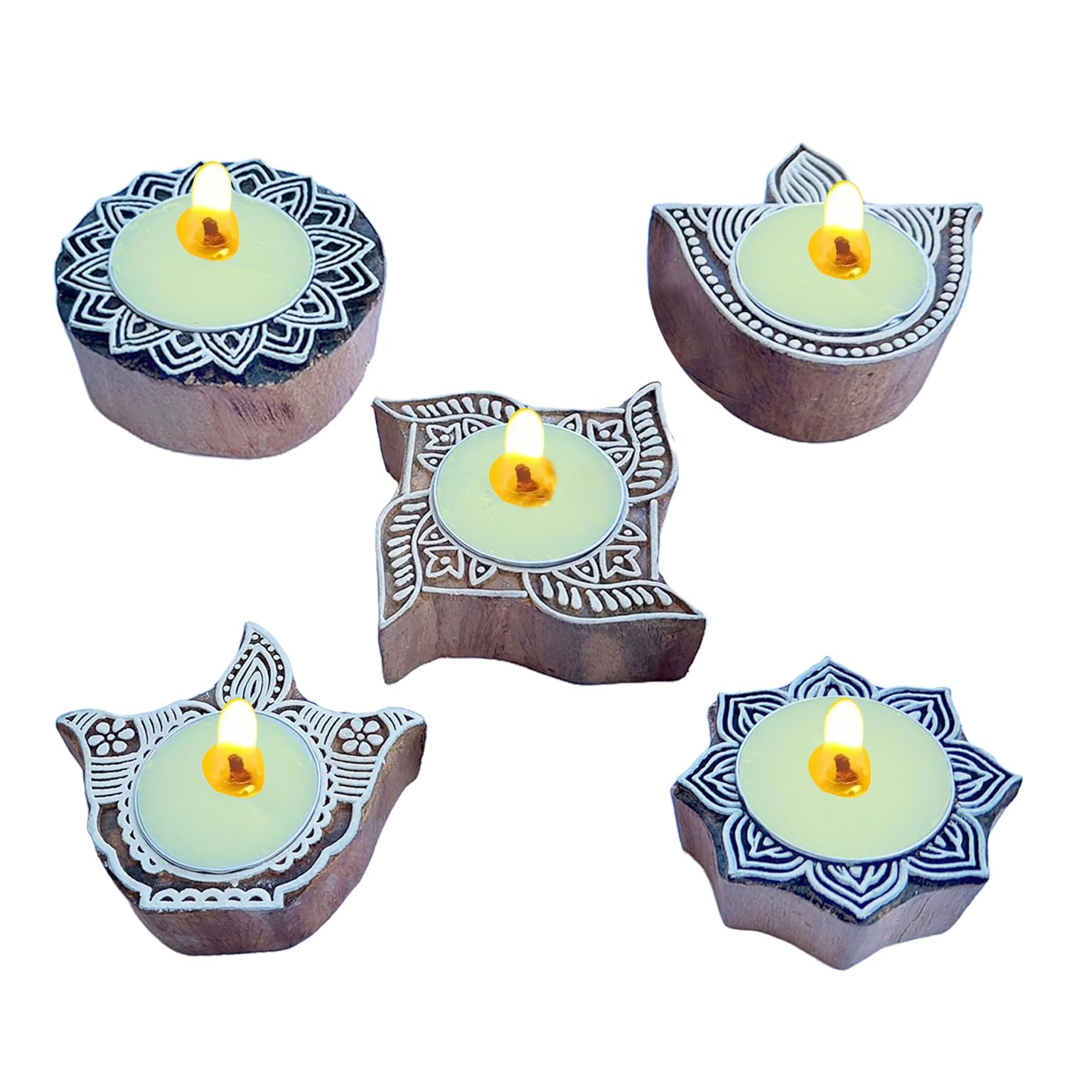 Royal Kraft Decorative Carved Wooden Tea Light Candle Holders with Included Tealites (Set of 5)