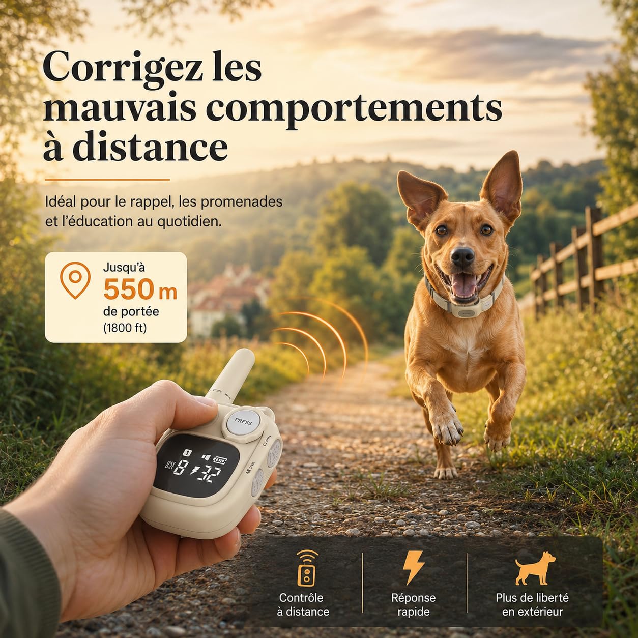 Collier de Dressage Chien, Collier électrique Chien avec Télécommande (portée de 550 m), Réglable et Rechargeable, Adapté Aux Petits Chiens et Chiots ou Aux Chiens Taille Moyenne à Grande (Beige)