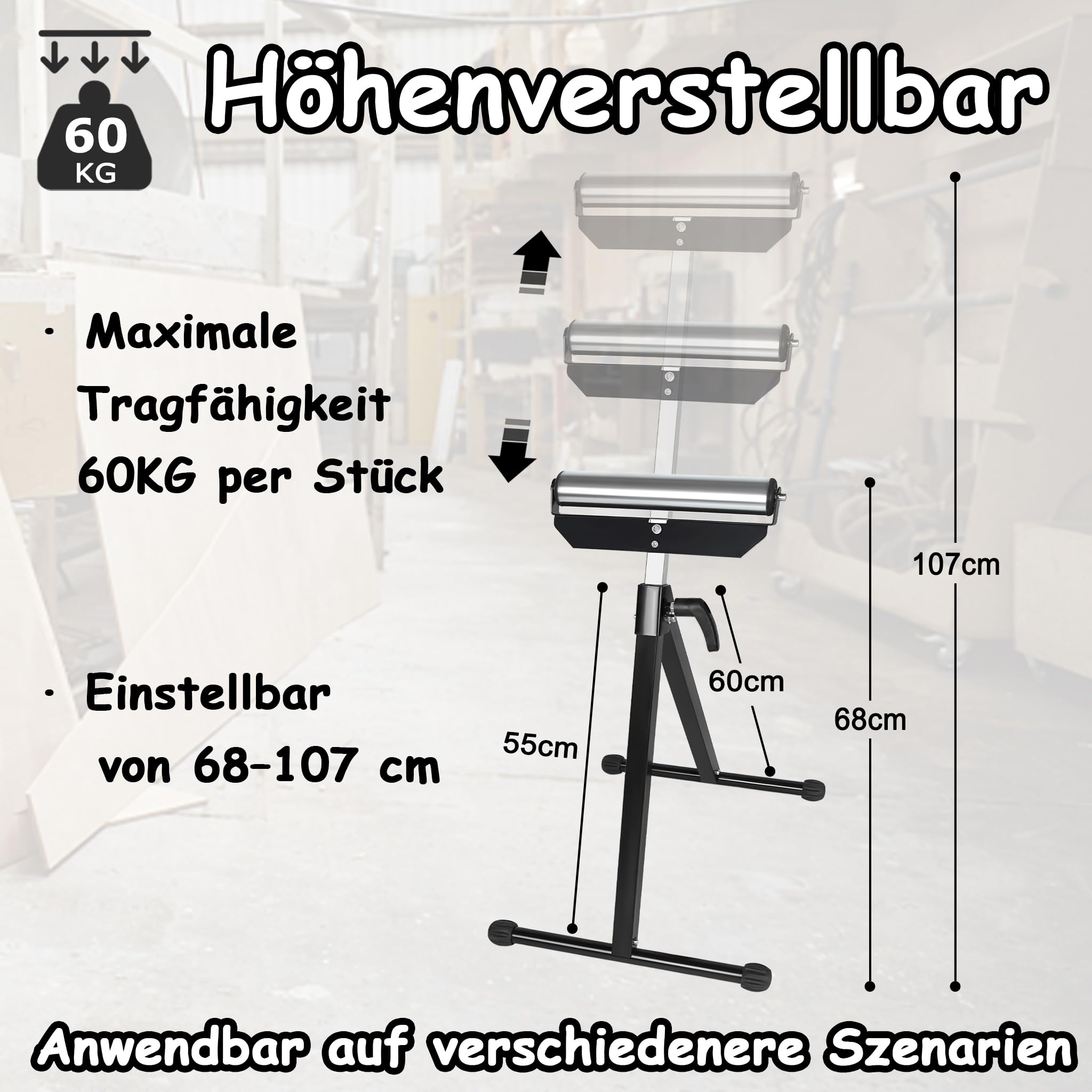 NAIZY 4x Rullo Regolabile Altezza Cavalletto 68-107cm, Banchetto Lavoro Pieghevole Con Piedini Antiscivolo Acciaio Massimo Fino A 60KG/Pezzo
