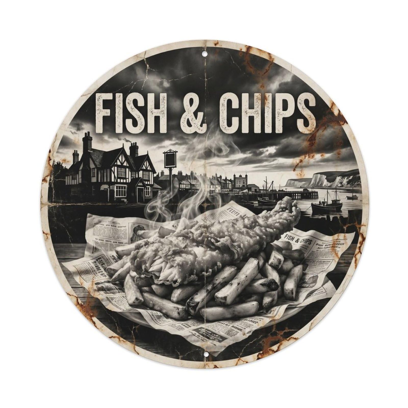 British Fish And Chips Seafood Fry Shop Retro Contrast Metal Tin Sign