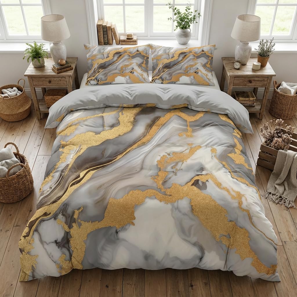 Abstract Marble Comforter Set Queen Size for Adult Grey Golden Metallic Bedding Set with Watercolor River - 3 Pieces Soft Fluffy Microfiber for All Seasons(Gilrs Women) - Image 2