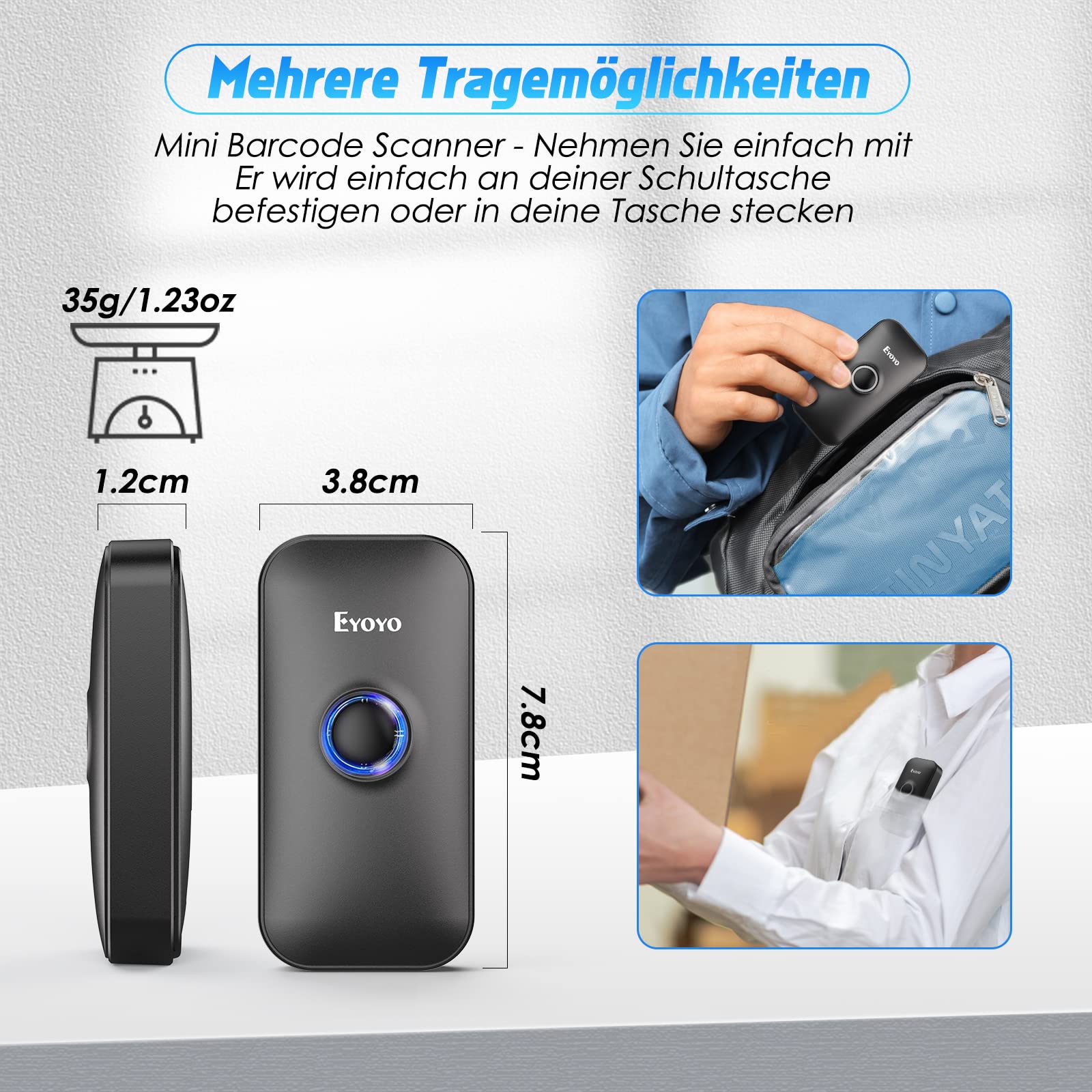 Eyoyo Mini 2D Bluetooth Barcode Scanner, 3 in1 Bluetooth USB 2.4G Wireless, Portable Bar Code Scanner for Windows Android iOS