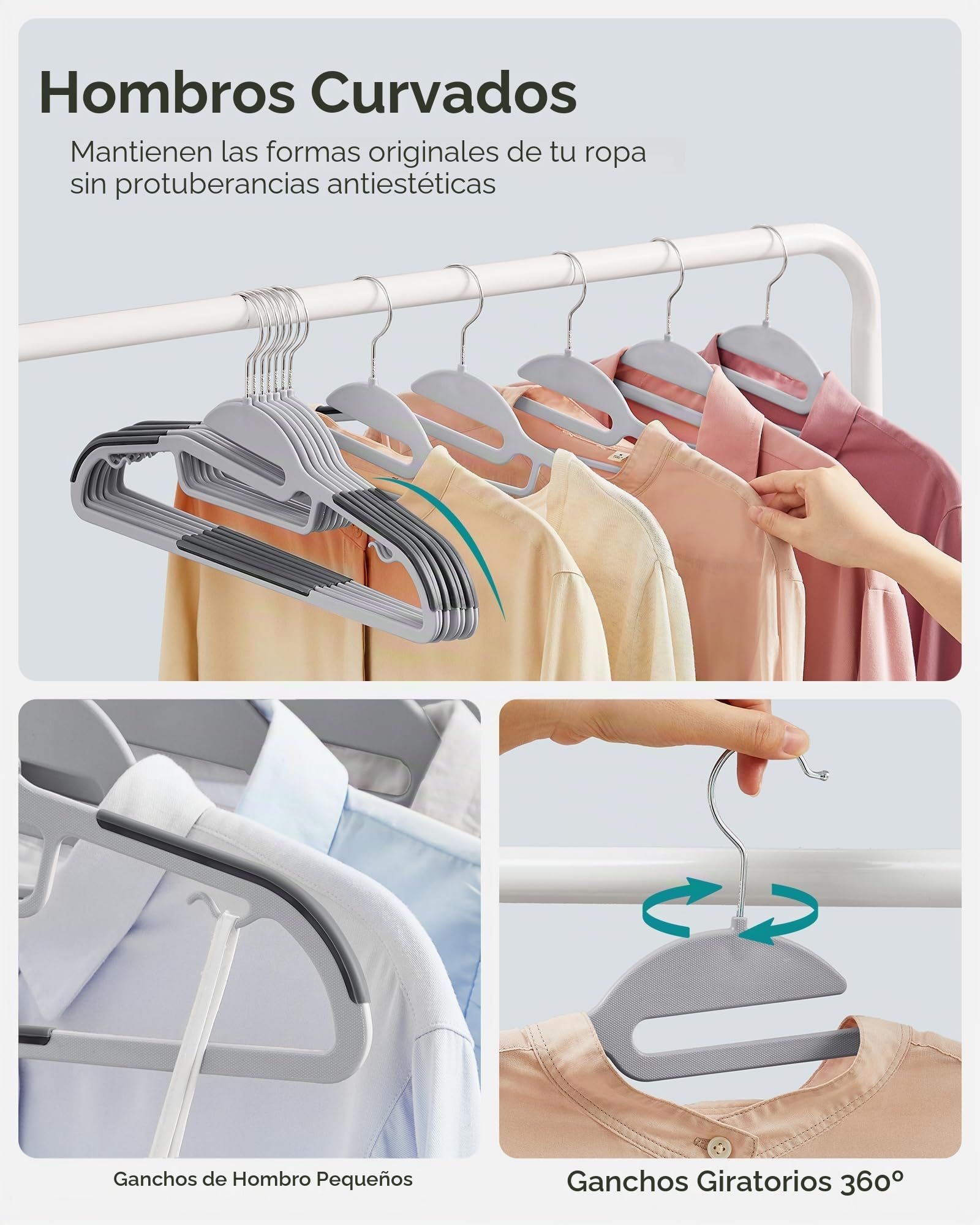 SONGMICS UCRP41G-50 - Set de 50 perchas para ropa de plástico resistentes, con abertura en forma de S, diseño que ahorra espacio, gancho giratorio de 360°, 16,3" de ancho, gris claro y gris oscuro