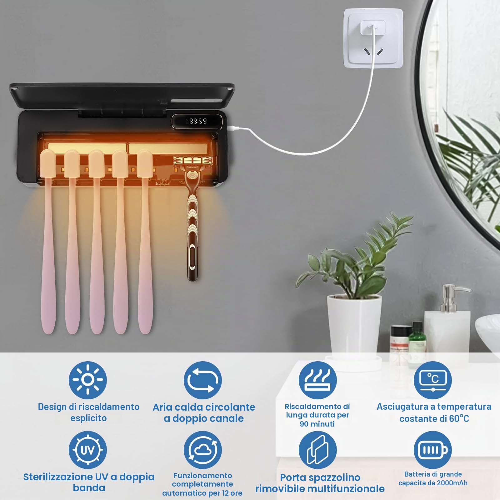 Spazzolino Igienizzante UV, Porta Spazzolino Elettrico da Parete per 5 Slot Spazzolini, Ricaricabile USB 2000mAh Sterilizzatore Portaspazzolino UV con Funzione di Asciugatura, Porta Spazzolini da Muro