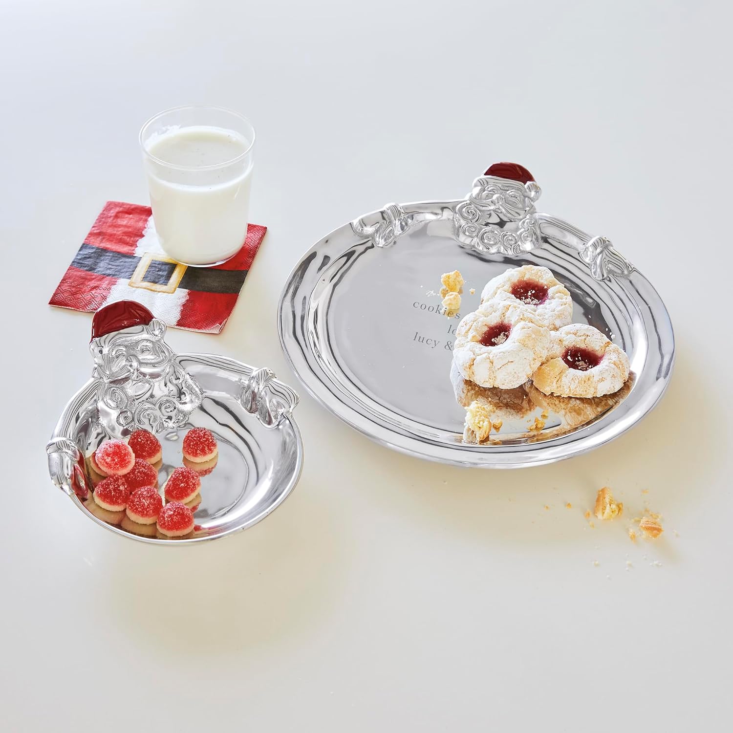 MARIPOSA Hugging Santa Round Cookie Platter| Silver | Brillante | SERVEWARE | PLATTERS | Recycled SANDCAST Aluminum | Handmade in Mexico