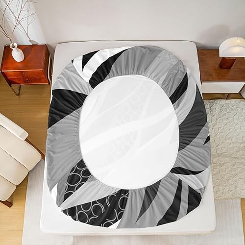 Miniatura 5 de Manfei Juego de sábanas de tamaño matrimonial color negro y gris, juego de sábanas circulares de rayas onduladas abstractas de 4 piezas con sábana