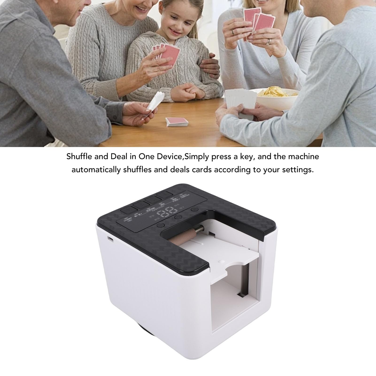 Jectse Mescolatore e Mazziere di Carte Automatico, Mazziere di Carte Programmabile per 1-2 Mazzi, Mescolatore di da Gioco con Rotazione a 360°, Supporta 8 Giocatori per Giochi da
