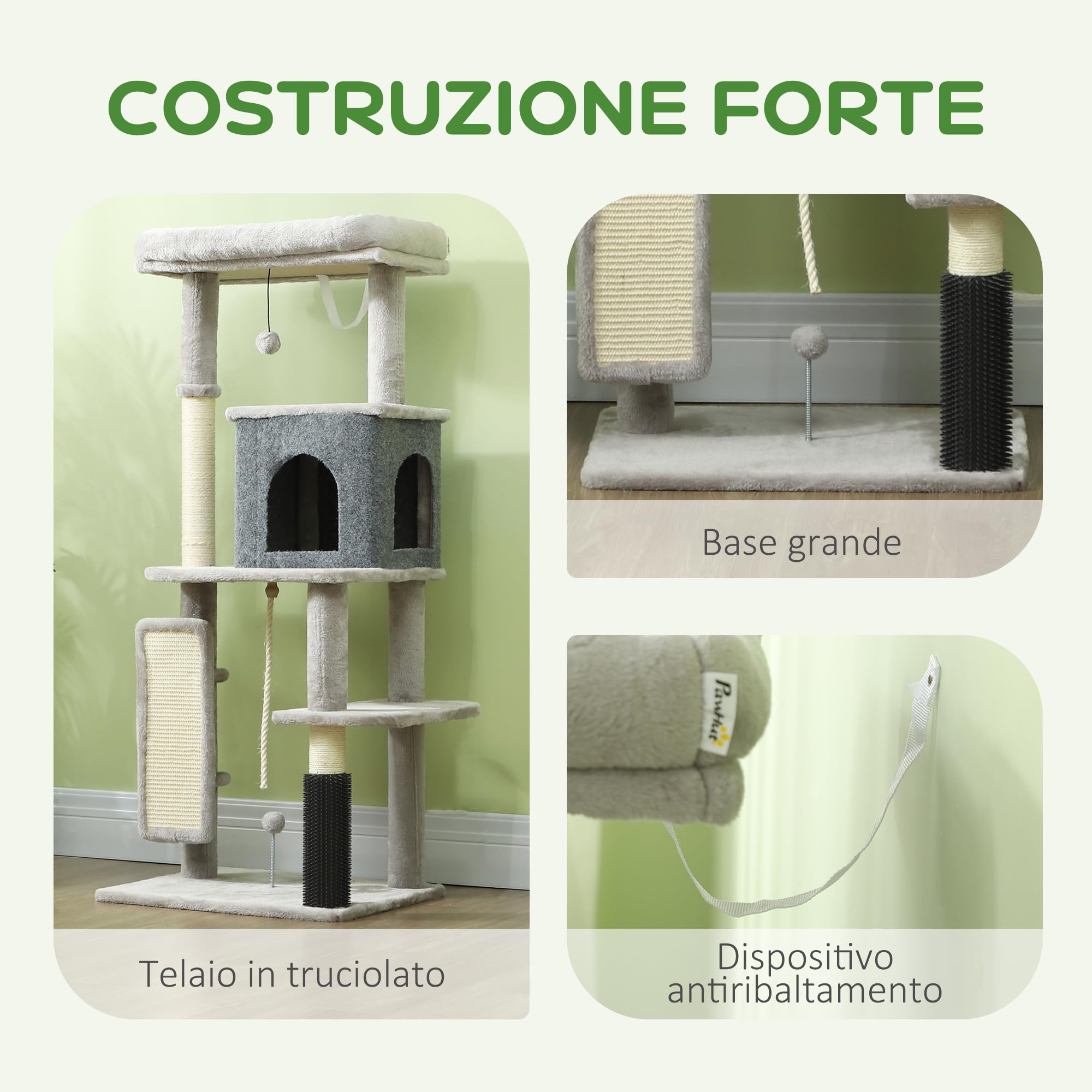 PawHut Albero Tiragraffi Multilivello Alto 132 cm, Palestra per Gatti con Casetta, Lettino per Gatti, Pali Tiragraffi, Piattaforma, Spazzola e Pallina, Dispositivo Antiribaltamento, Grigio Chiaro