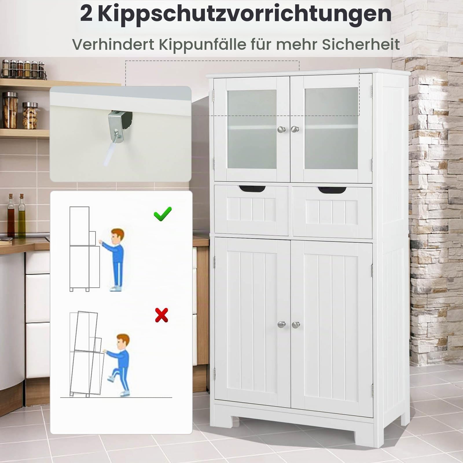 LIFEZEAL Badezimmerschrank Groß, Badschrank mit Verstellbaren Regalen, Badkommode mit Schubladen & Doppeltür, Aufbewahrungsschrank aus Holz, Multifunktionaler Seitenschrank für Küche (Weiß)