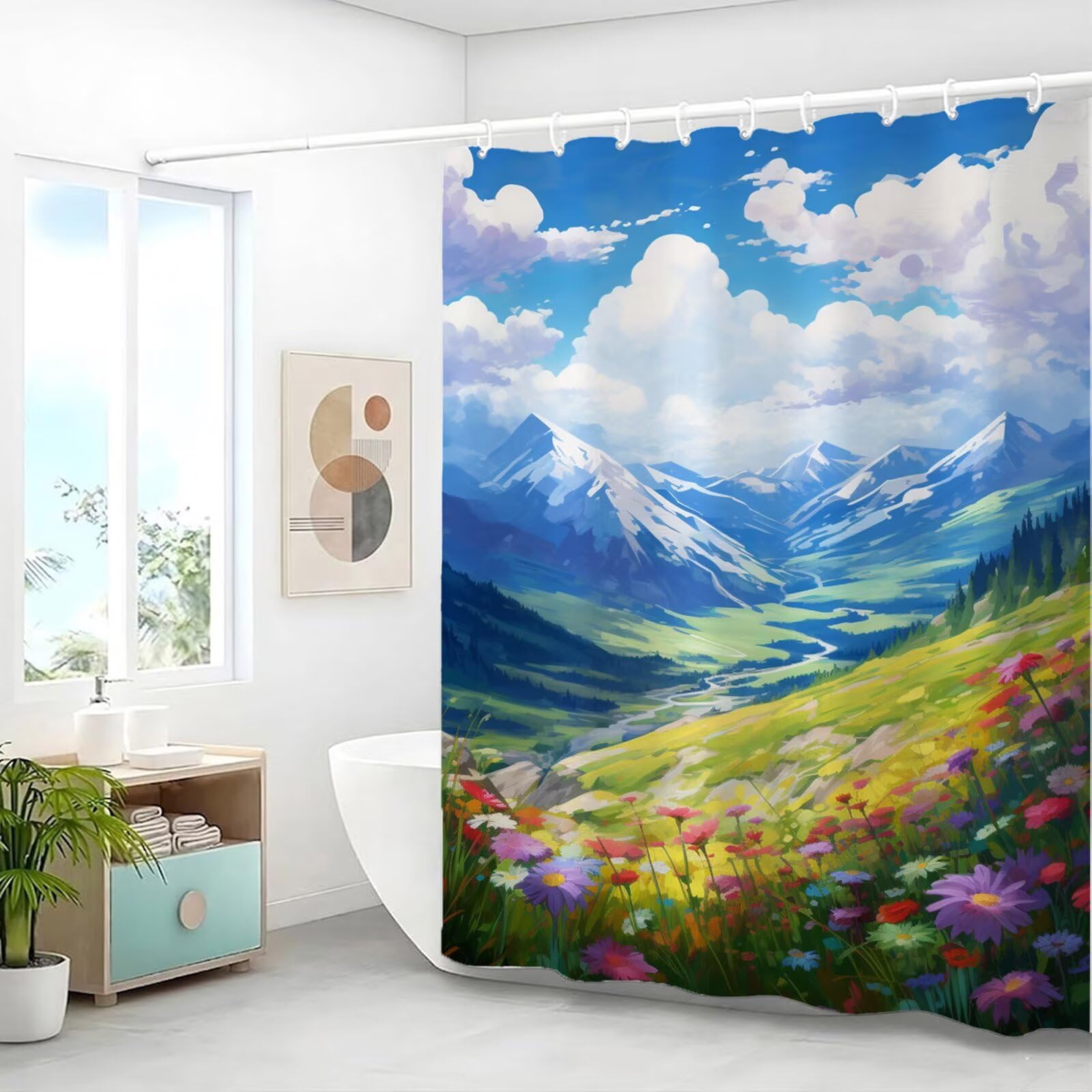 Zasłona prysznicowa z motywem krajobrazu, 200 x 240 cm, wodoodporna, szybkoschnąca tkanina poliestrowa, bardzo długa zasłona prysznicowa z obciążonym dnem i 12 haczykami, nadaje się do prania, zasłona