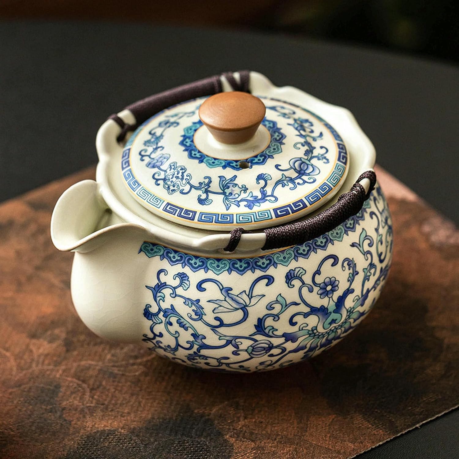 Ru kiln ceramic teapot tea maker, household blue and white entangled hand-held teapot - one pot and two cups [ box] -80ml-258ml