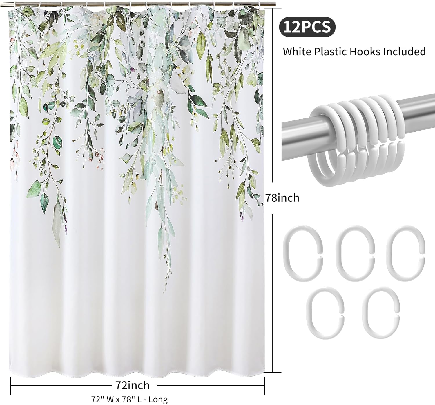 Colorful Star Sage Green Eucalyptus Waterproof Shower Curtain Set with Hooks, Minimalist Watercolor Floral Print Bathroom Décor, Plant Leaves Washable Fabric Shower Curtain, 72 x 78 Inch