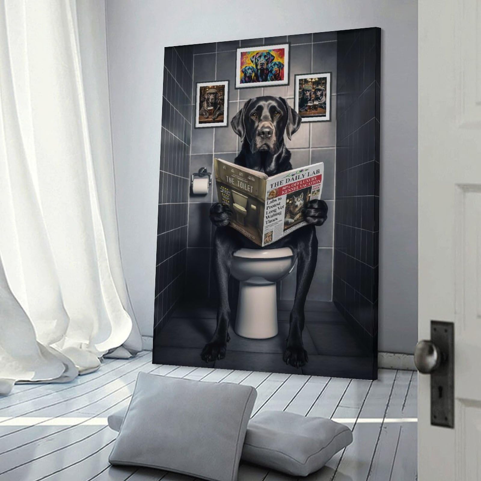 Junmoney Frame-Style-10-1 Funny Labrador On Toilet Decorative Canvas Print, 20X30inch(50X75cm), For New Home Styling, Lounge Or Bedroom, Stylish Wall Art For Fresh Spaces