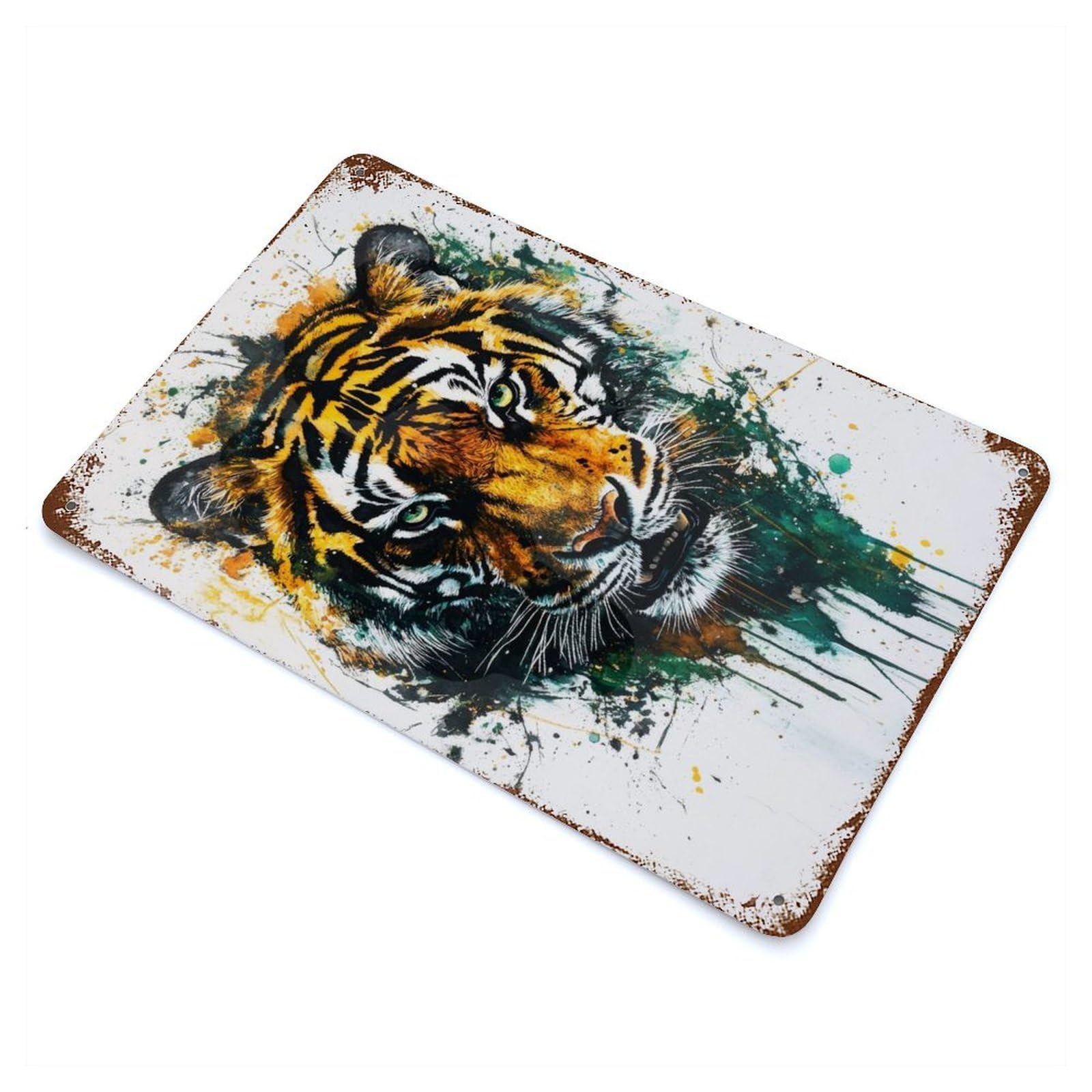 Distressed Metal Wall Sign Fierce Tiger Watercolor Art Print Bold Wall Decor for Nature Lovers Tiger Portrait with Splashes... 11.8"x7.9", Vintage Wall Decor for Garage, Bar And Workshop Decor