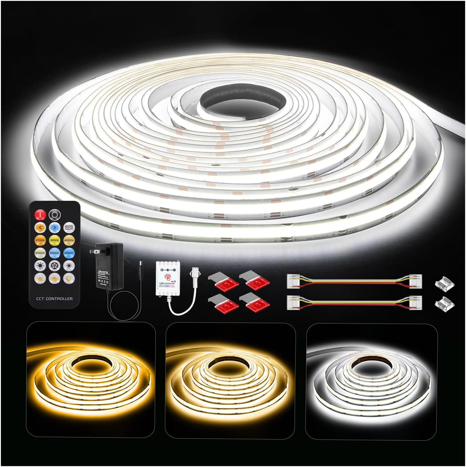 DAYBETTER COB Tunable COB LED Strip Lights White (2700K-6500K) with 6080 LEDs, 24V Adapter, RF Remote Control, Dimmable High Density Uniform LED Strip for Bedroom, Kitchen,