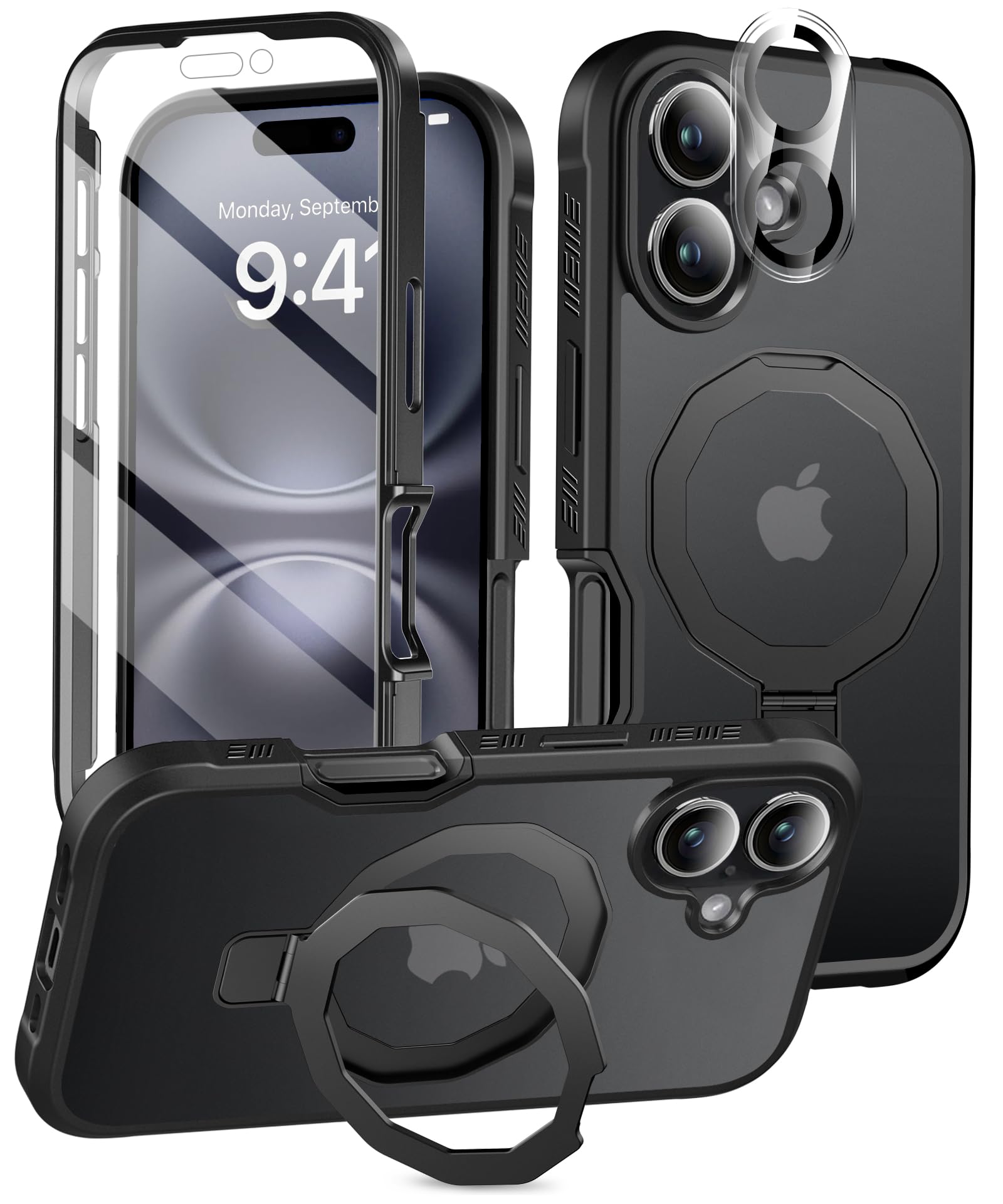 BANLEA Compatible with iPhone 16 Plus Case, Built-in Screen Protector & Seamless Stand, with Camera Lens Protector, Strong Magnetic Matte Phone Case,