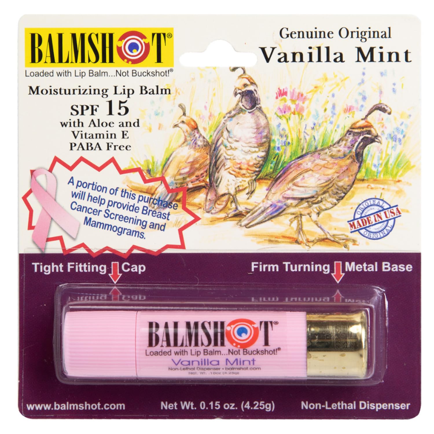 BALMSHOT Moisturizing Beeswax Lip Balm Pink Vanilla Mint SPF 15 - Chapstick with Aloe Vitamin E 20-Gauge Brass