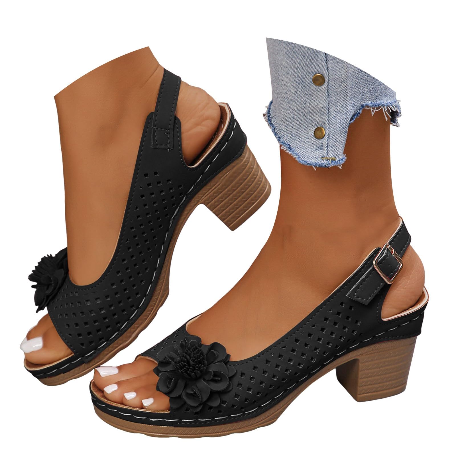 Block Heel Sandals for Women 2025 Open Toe Summer Casual Solid Color Hollow Out Floral Decor Sandals Hollow Out Slingback Chunky Block Heel Cut-Out