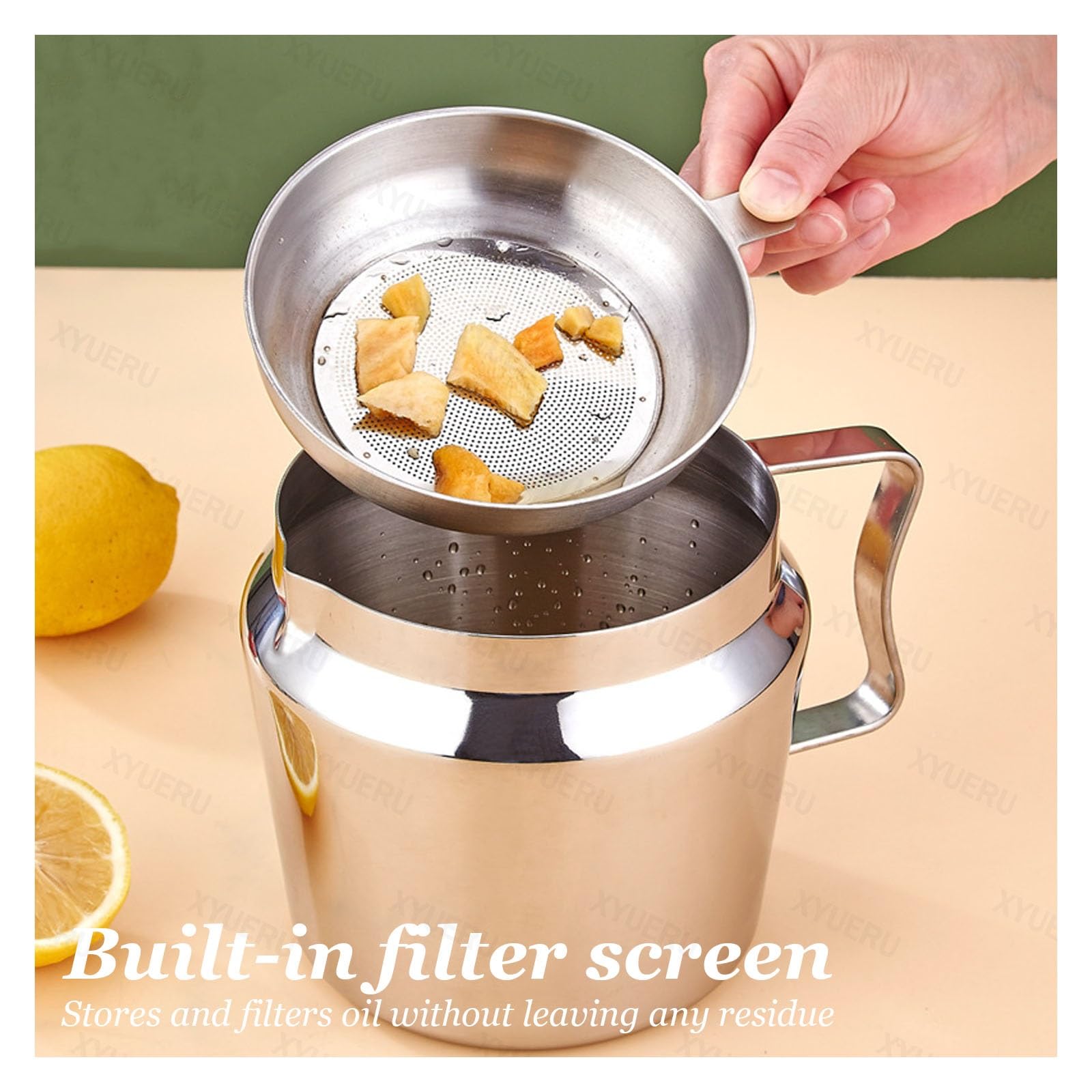 Contenedor de aceite de acero inoxidable con tamiz, separador de grasa de cocina y filtro, desnatador de grasa para aceite de cocina y almacenamiento, ideal para gestión de grasa por goteo