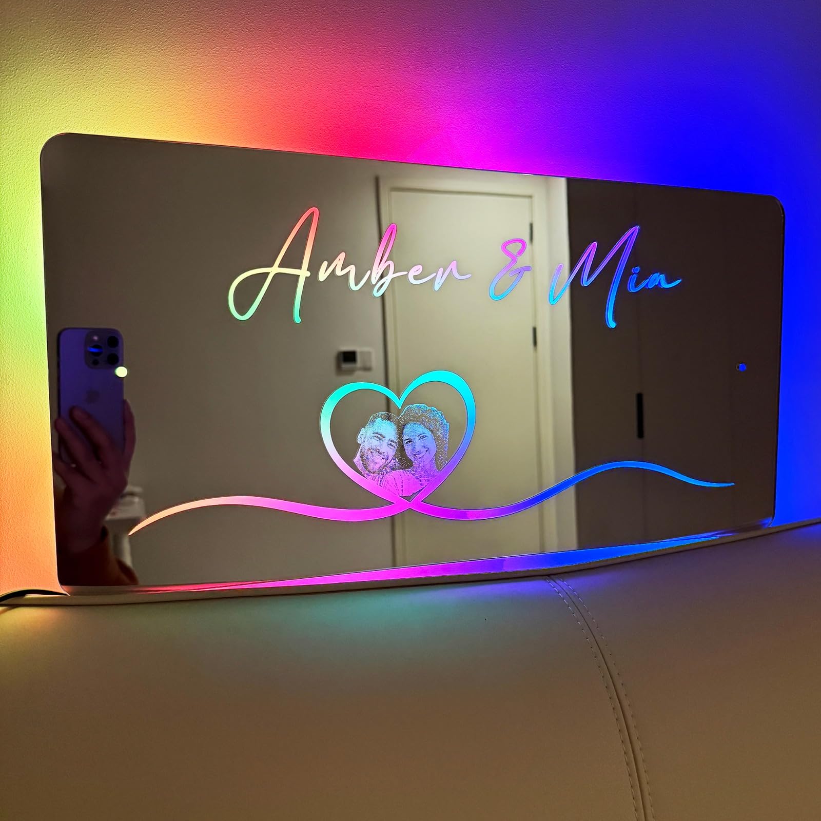 Gufacai Personalized Mirror with Picture,Personalized Name Mirror Light Custom Light Up Name Sign for Bedroom Light Up Sign Wall Decor Christmas Valentine's Day Couple Gifts (30x15cm .8"x6")