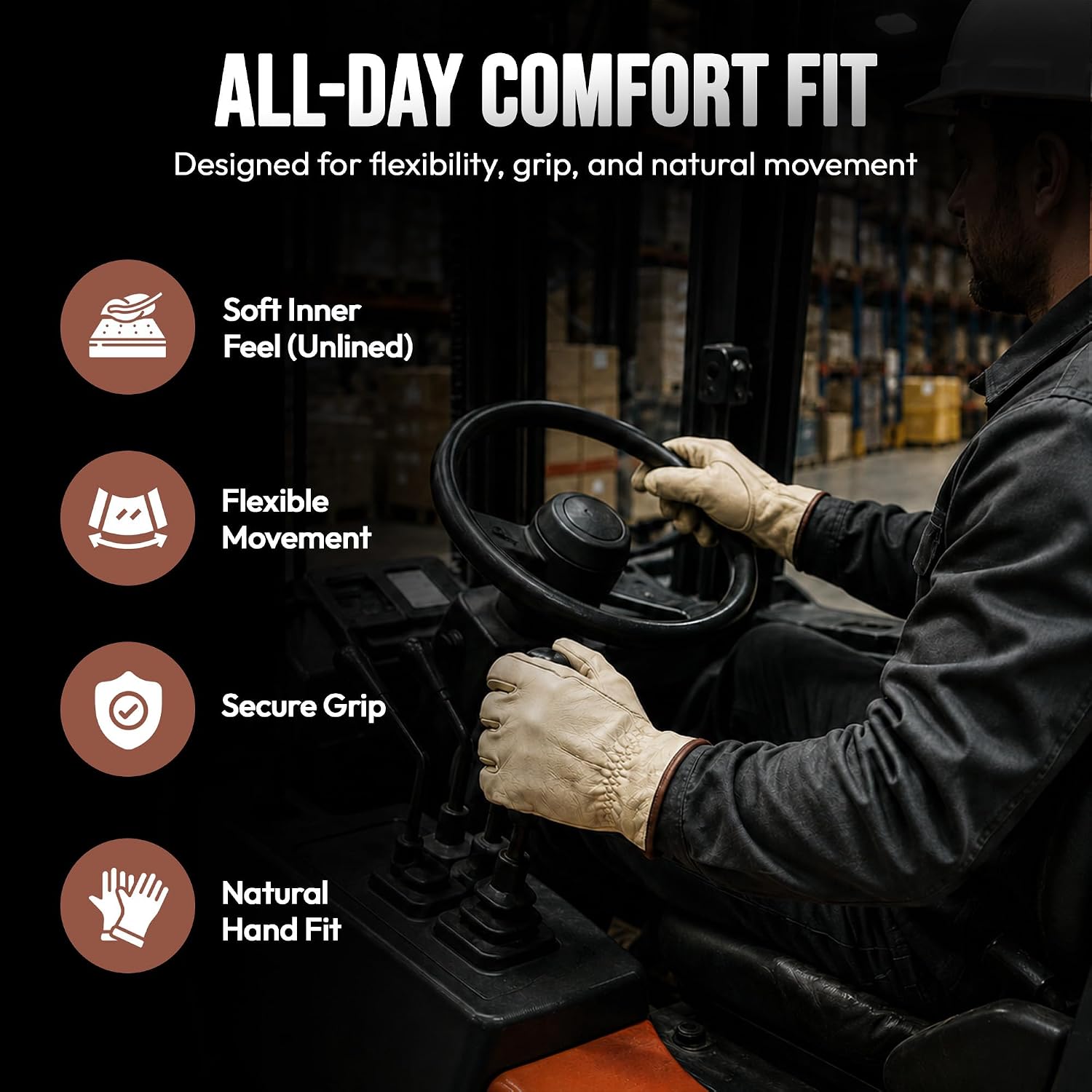 Toledano Industries 12 Pair Large Leather Work Gloves. Ideal Hand Protection all Environments.