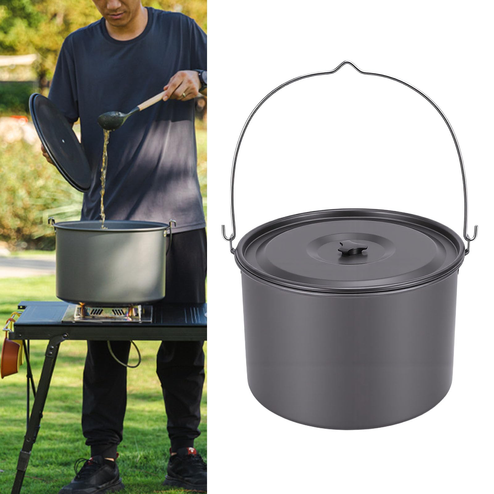 Olla Colgante para Acampar de Aleación de Aluminio con Mango Elevador de Tapa, Juego de Cocina para Olla Colgante Portátil Grande para Exteriores de 15 L para 8-10 Personas, para