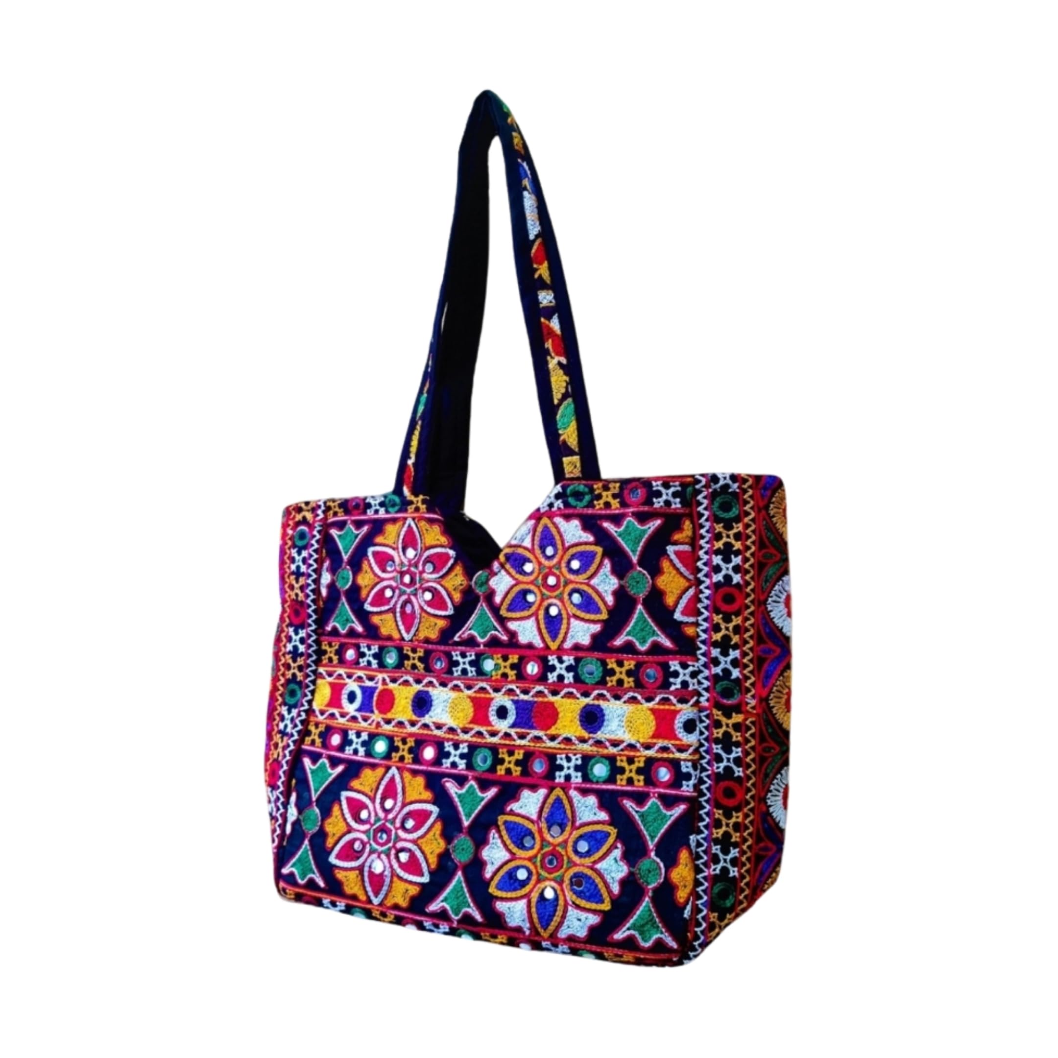 nakasa handicraft Women's Gujarati Mirror Work and Flower Embroidery Regular Black Shoulder Bag-picture-24