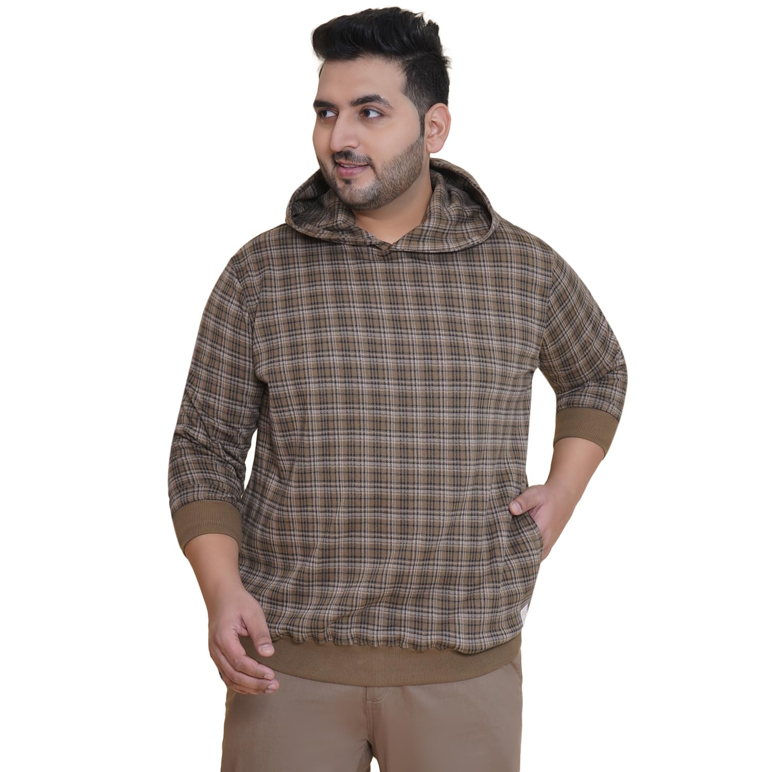 plus size men regular checked brown pullover hooded sweatshirt(jpswt75206)