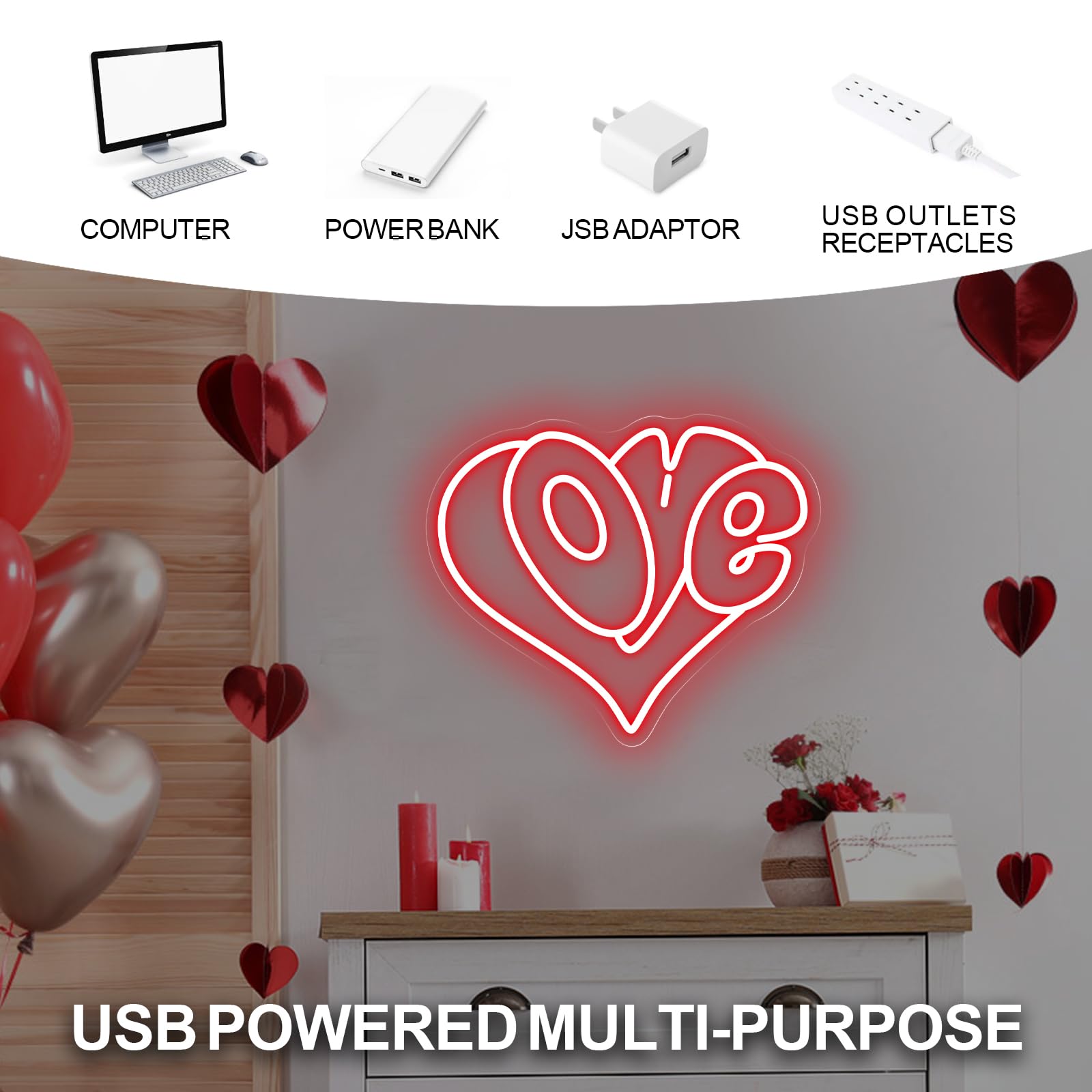 Letrero de neón con forma de corazón de amor, luz LED romántica roja para dormitorio, regalo del día de San Valentín, decoración romántica del hogar, arte de pared para parejas, 15 x 12.6 pulgadas