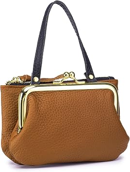 Womens Genuine Leather Coin Purse Pouch Change Wallet,Vintage Pouch Kiss-lock Change Purse Wallets Brown