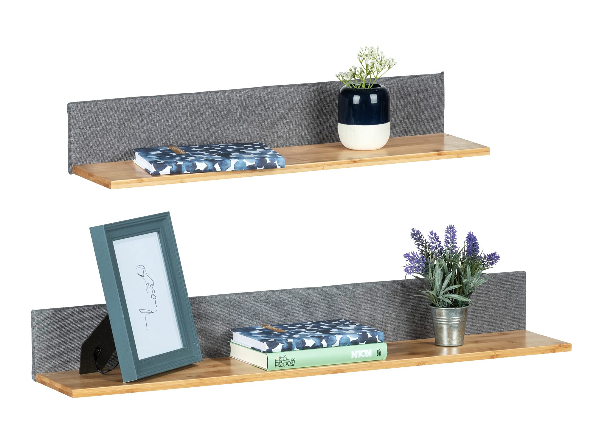Wenko Scaffale da Parete Bahari, Set di 2 Pezzi, scaffale in bambù ecosostenibile Abbinato a Moderno Poliestere Grigio, Offre Uno Spazio Decorativo per Accessori, 60x10x15cm & 80x10x15cm