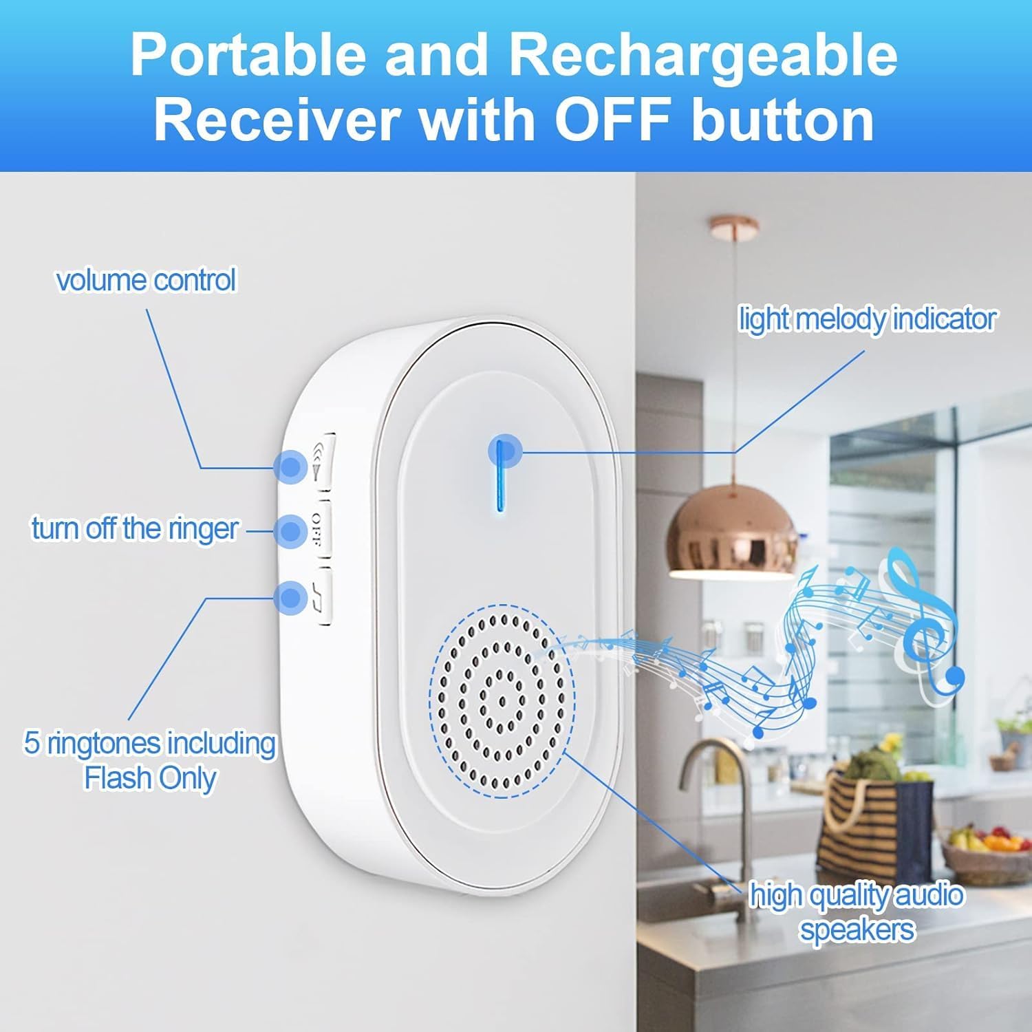 CallToU portable receiver highlighting its volume control, OFF button, and melody indicator with speaker.
