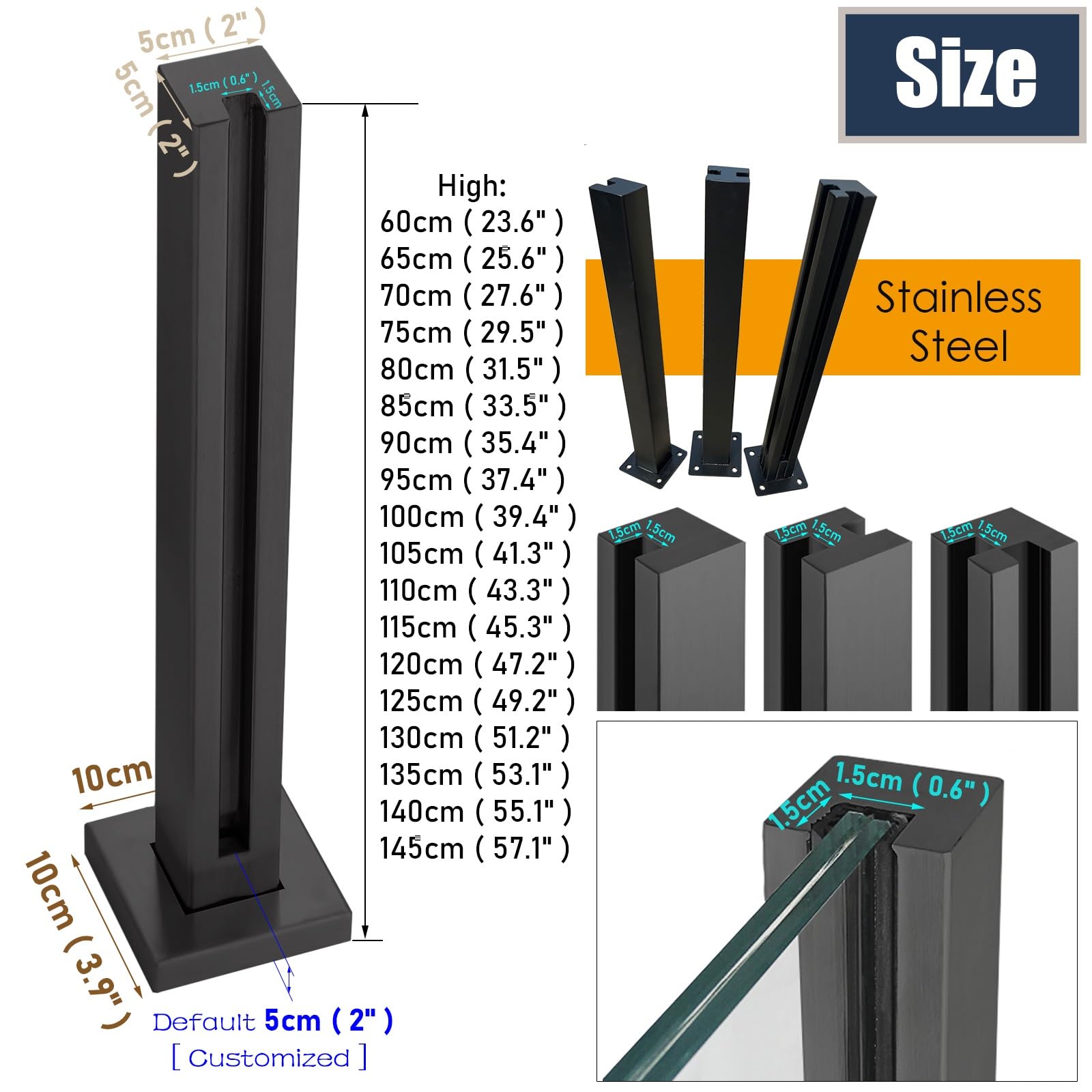 Czarne kwadratowe panele balustradowe balkonowe wsporniki hartowane s zacisk z rowkiem bez wstęgi stalowy słupek balustrady 60105 cm wysokości głęboki kolor kawy idealny do użytku na zewnątrz