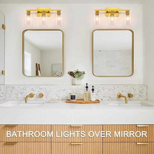 Miniatura 4 de Lámpara de tocador de baño dorada de 3 luces, modernas luces de tocador de oro cepillado con pantallas de vidrio transparente, lámpara de pared de