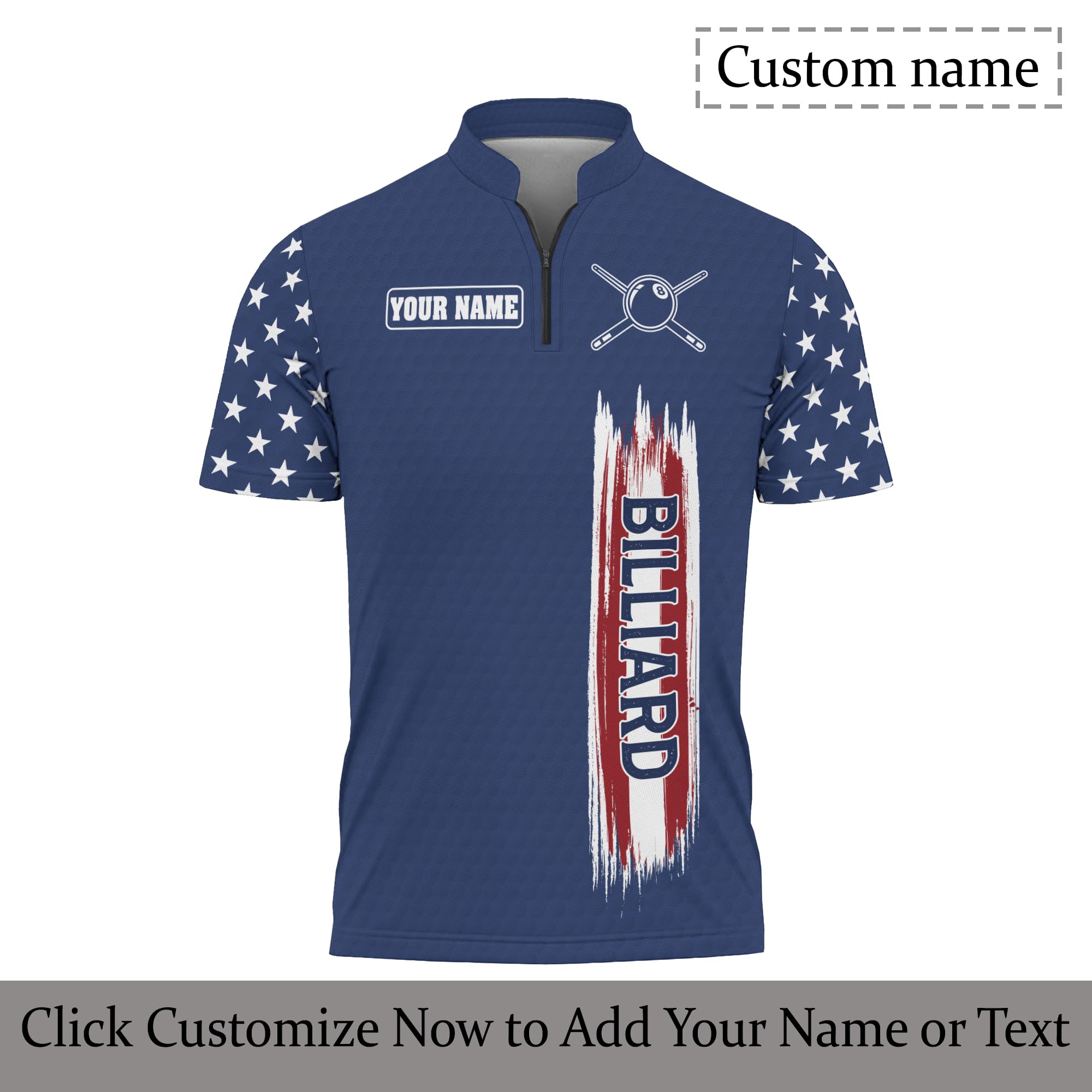 GIFORAL Billiard Zip Tshirt with Customizable Name 3 D 8 Ball Pool and Blue Honeycomb Pattern Quarter Zip Jersey for Billiard Team