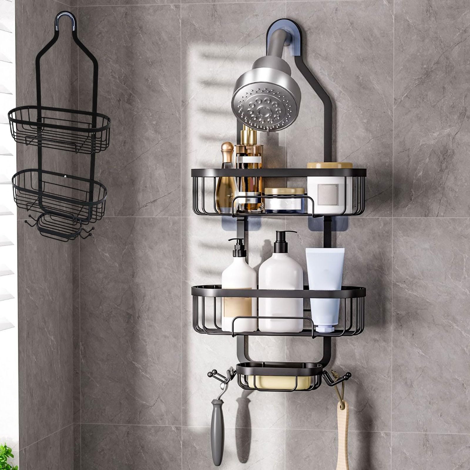 Aufmer Hanging Shower Caddy Adjustable Shower Organizer Hanging with Hooks Soap Holder Toothbrush Holder for Handheld Showerheads Anti-Swing