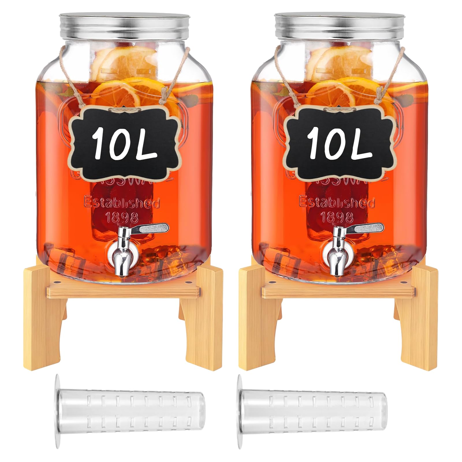 2 dispensadores de bebidas de 10 l con soporte y tapa, dispensador de limonada con grifo de vidrio de borasilicato resistente al calor con grifo inoxidable para jardín, buffet, fiestas y cocina, bodas