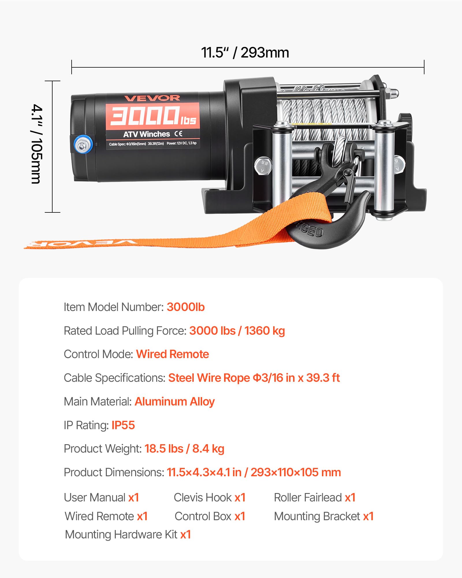 VEVOR Verricello Elettrico con Cavo da 1360 kg, Verricello Elettrico da 12 V CC per ATV/UTV Fuoristrada con Fune in Acciaio Ø 5 mm x 12 m, Telecomando Cablato, Impermeabile IP55 per Recupero Stradale