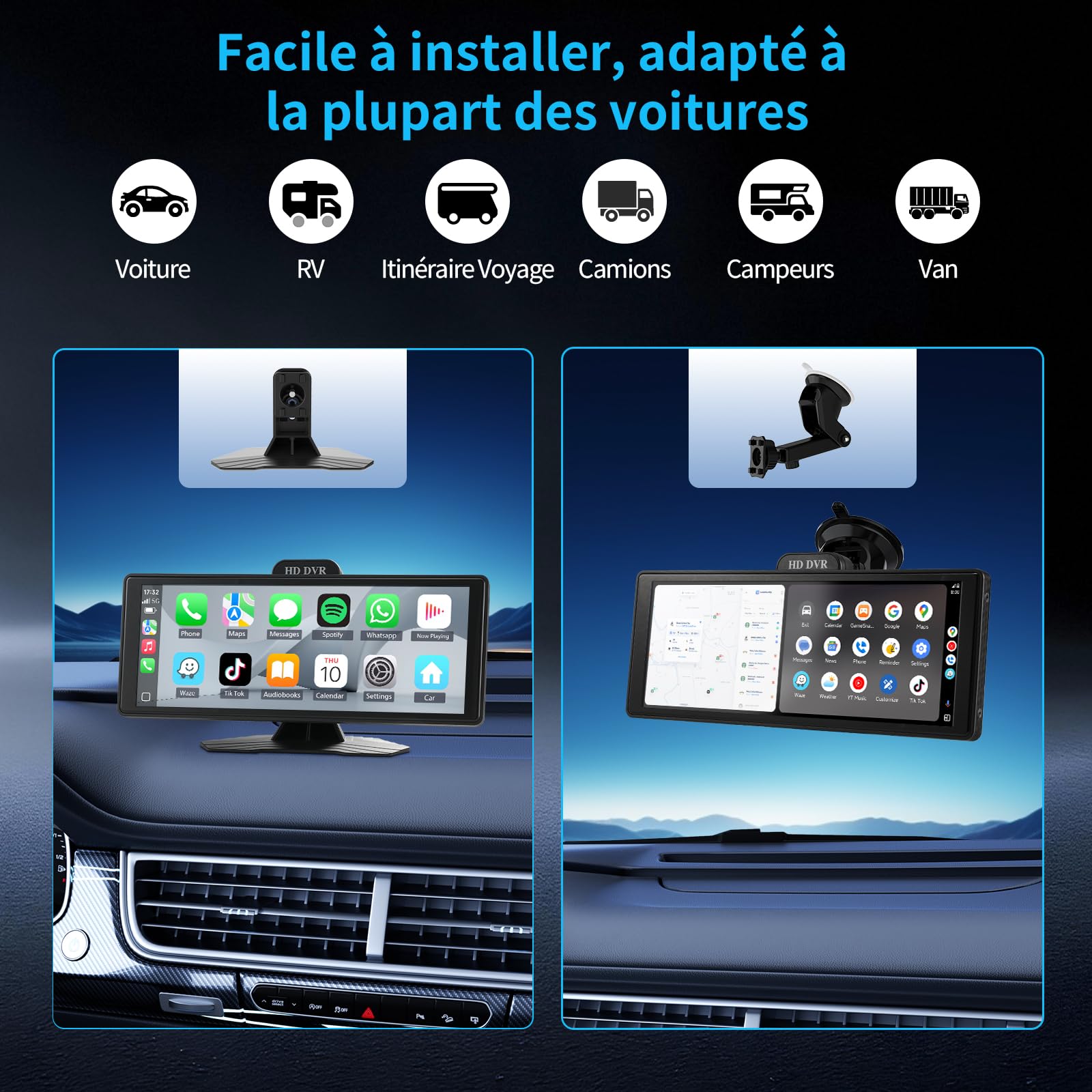 Haudio Écran CarPlay 10,26 Pouces, CarPlay et Android Auto Sans Fil, Autoradio Portable avec DVR 2K, Caméra de Recul 1080P,Bluetooth,Commande Vocale,Radio AUX/FM, Carte TF 64G pour Toutes les Voitures