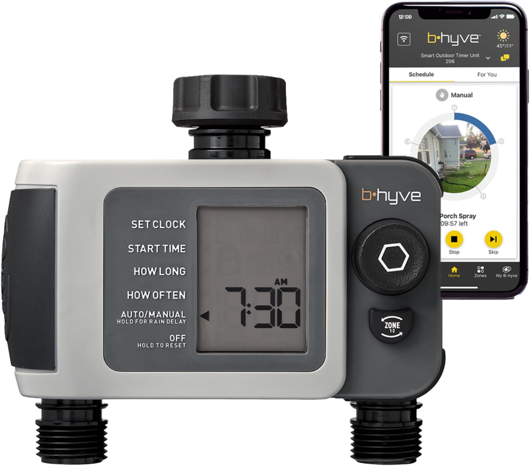 B-hyve XD 2-Port Smart Hose Watering Timer - Features Dual Outlet Irrigation Control - App Controlled Watering Timer with Bluetooth - Weatherproof Battery Powered - 24632