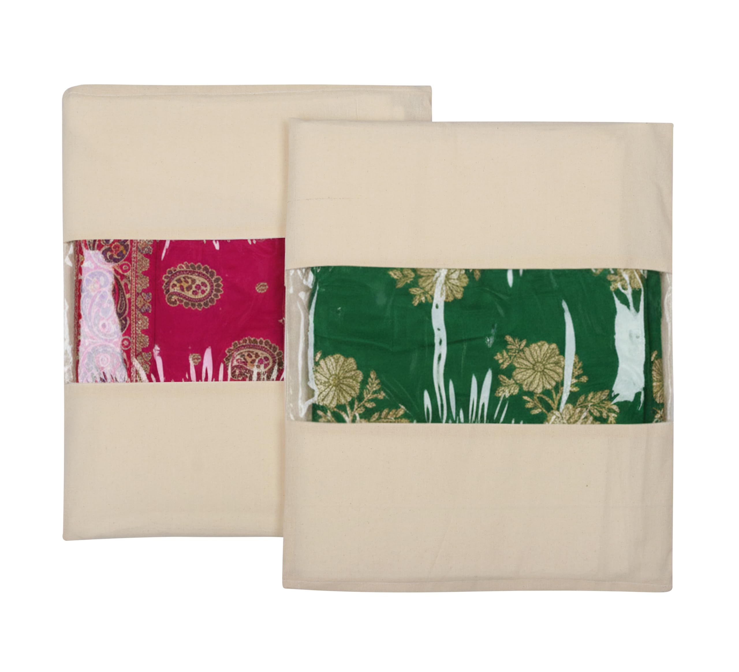 Cotton Saree Cover with Transparent PVC Window | 14 x 16.5 Inches | Breathable Dust Proof Storage Bag for Silk, Wedding & Designer Sarees | Strong Zip Closure | Wardrobe Organizer (Pack of 2)-image-49