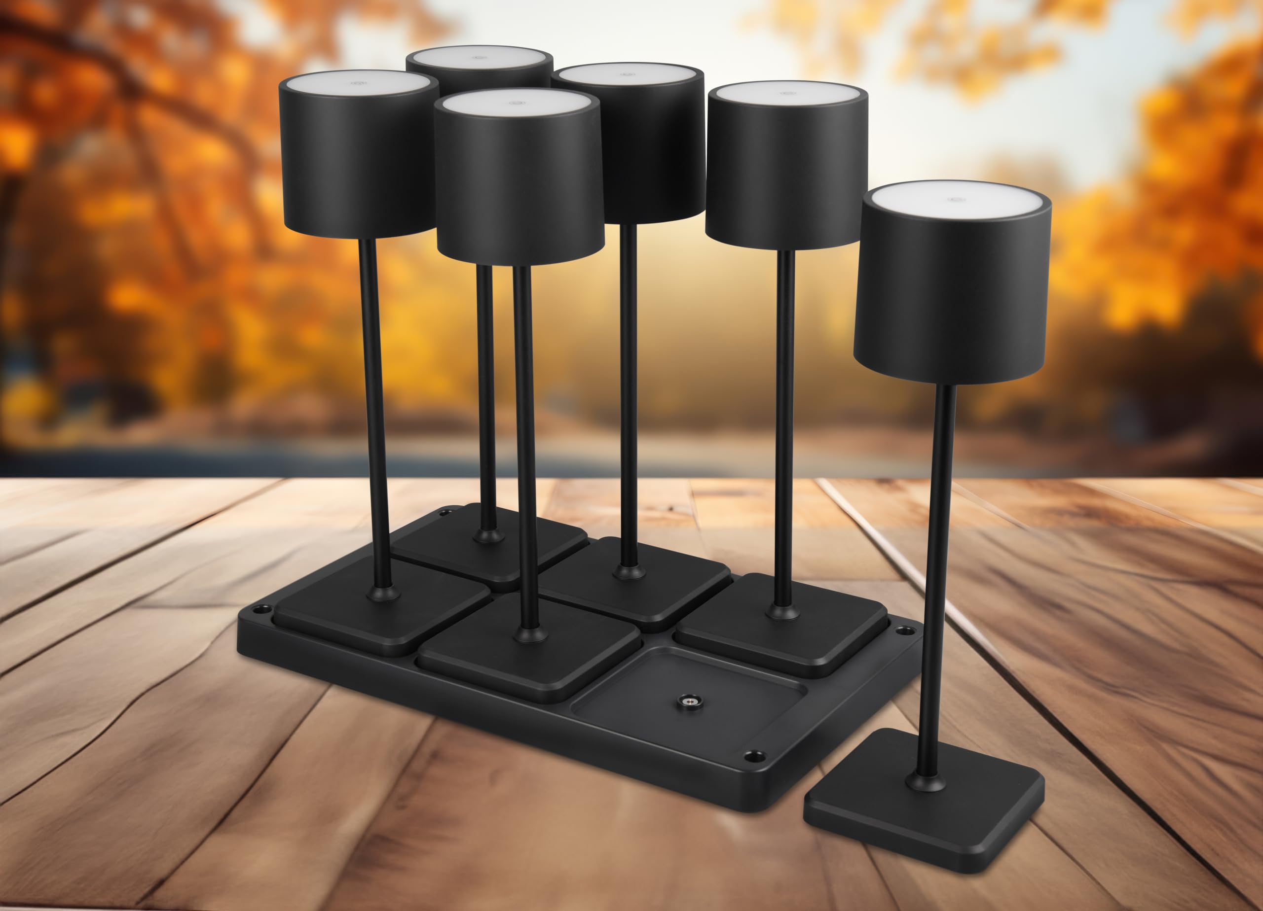 6er Set LED Tischlampe Fernando, Akku Design Tischleuchte (inkl. 6er Ladestation), Indoor & Oudoor IP54, per Touch stufenlos dimmbar, 13 x 38 cm, Kunststoff, 1W, schwarz matt